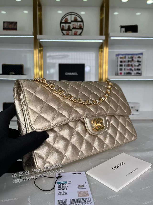 Chanel專櫃新款淺金色羊皮革cf鏈條肩背包 香奈兒A01112經典手袋口蓋包 djc5206